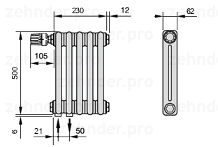 Схема (чертеж) Радиатор Zehnder Charleston 2050/5 №V001 Белый глянцевый RAL 9016